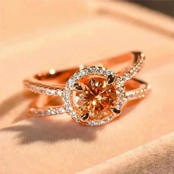 Beautiful 14k Rose Gold Over Sterling Silver 2ct Champagne Diamond Halo Ring - Picture 2 of 6